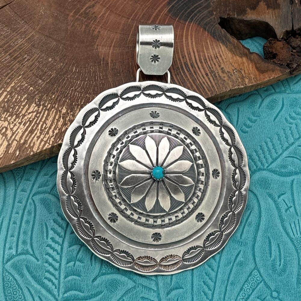 BUFFALO DANCER Taos Pueblo Sterling Silver Turquoise Large Round Concho Pendant